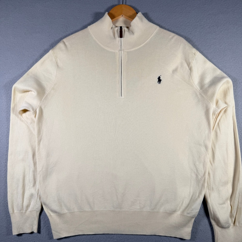 Polo Ralph Lauren Mens Cream Pima Cotton Quarter Zip Pullover Sweater Large